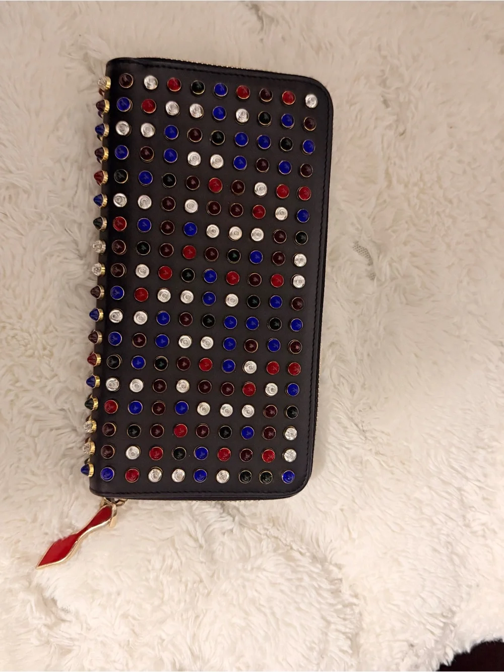 Christian Louboutin Black Zip-Around Wallet with Red, Blue & White Studs